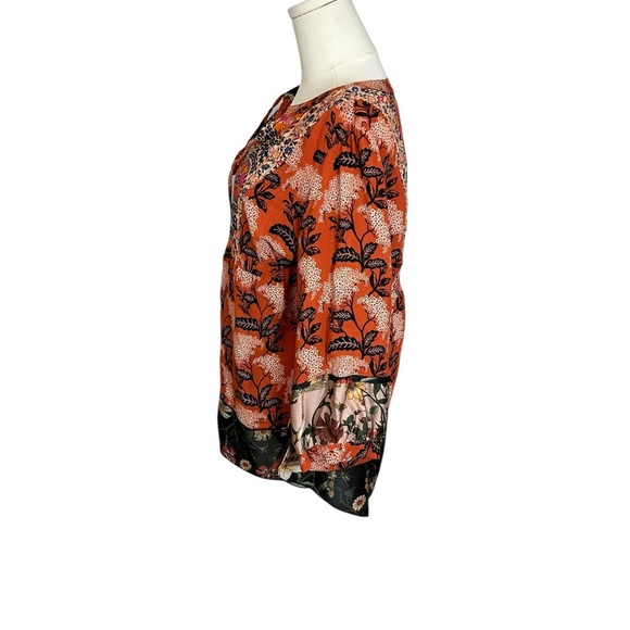 John Mark Orange Artsy Boho Floral Mixed Print Blouse Size Medium Oversized - Picture 4 of 10